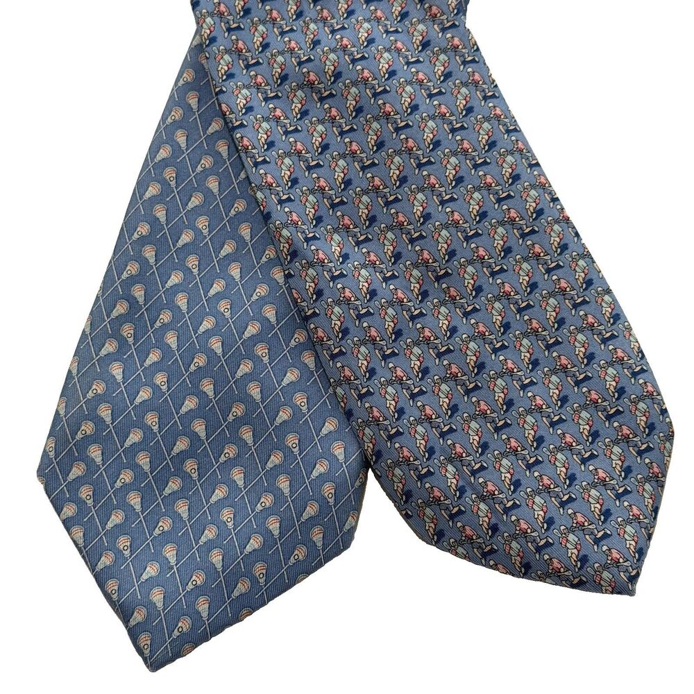 Vineyard Vines Silk Tie Lot Of 2 Mens Blue Lacrosse Sticks Pattern Handmade USA